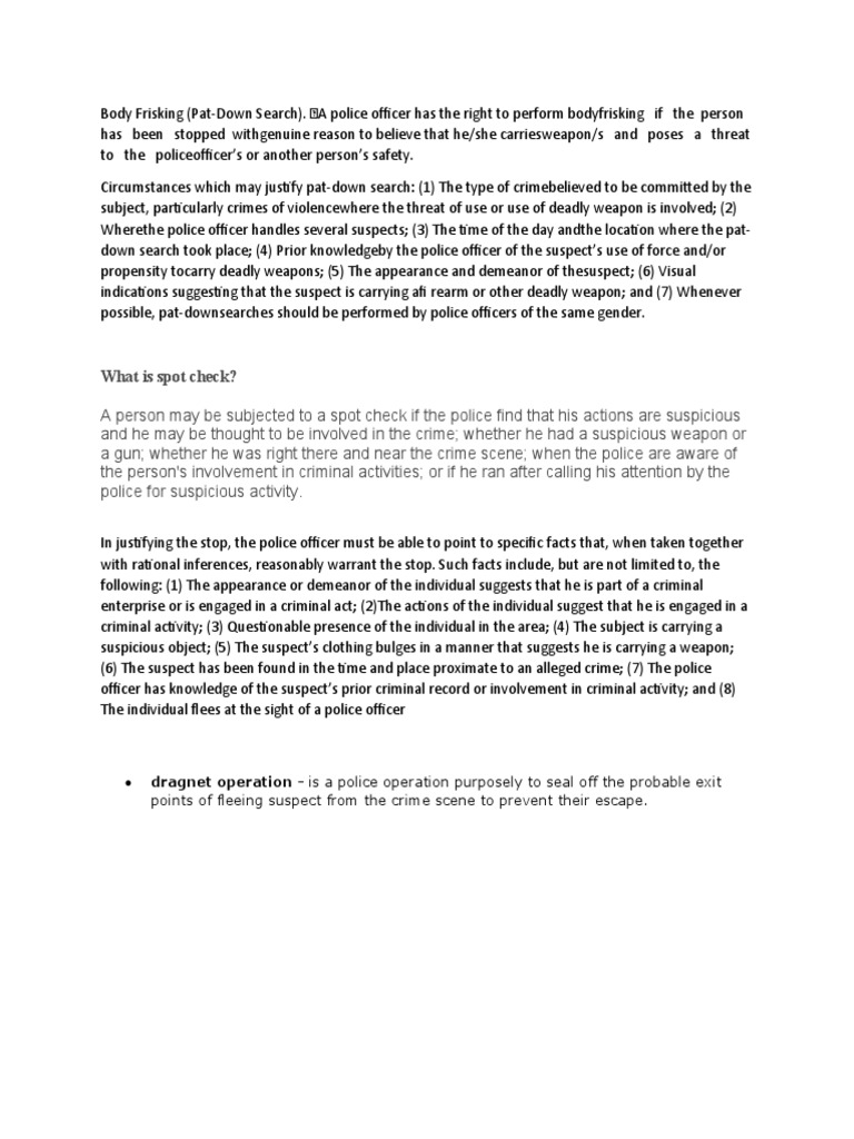 Body Frisking Procedures Explained | PDF | Social Science | Law