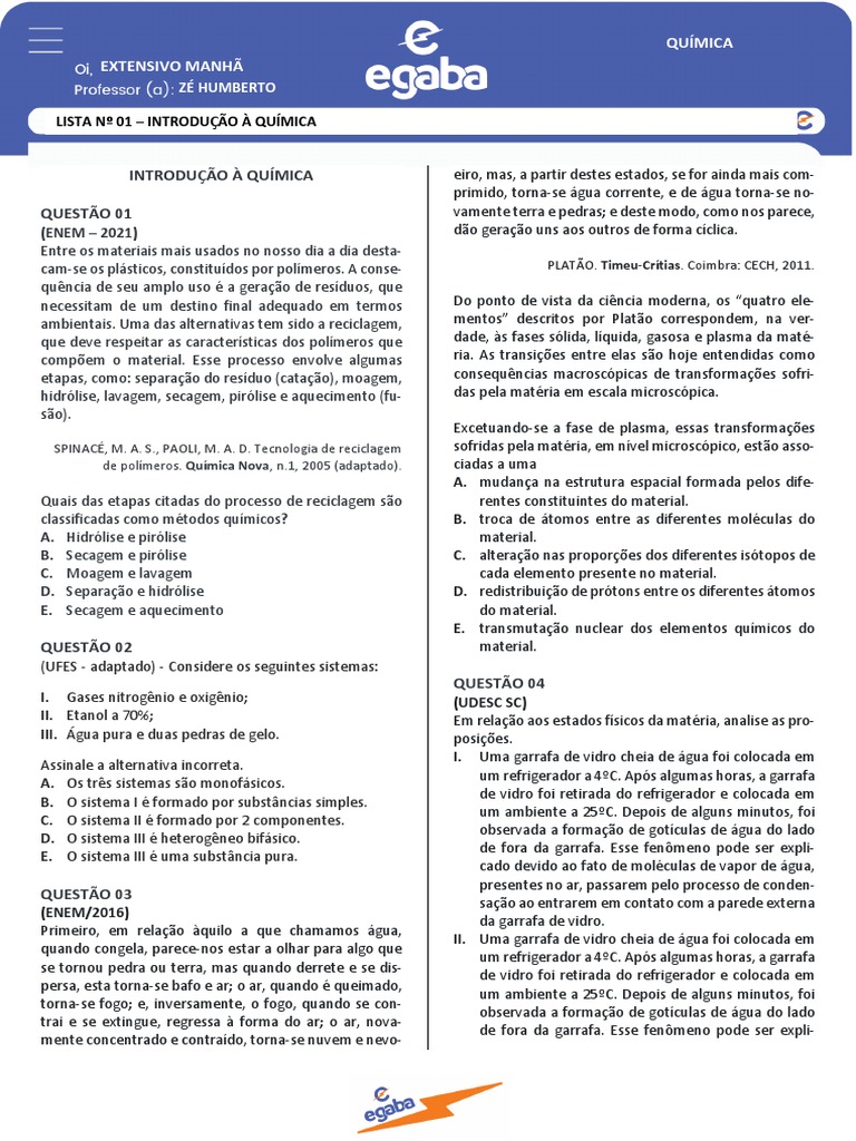 Exercícios - Propriedades Da Matéria | PDF | Química | Matéria