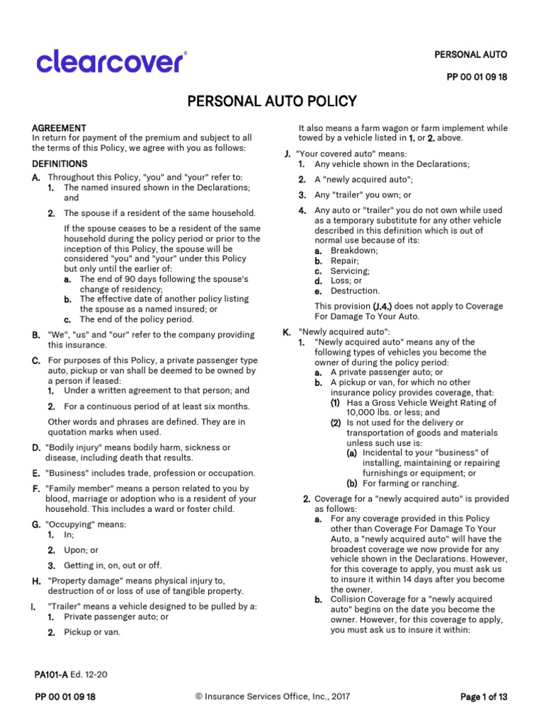 Personal Auto Policy PDF Liability Insurance Vehicle Insurance