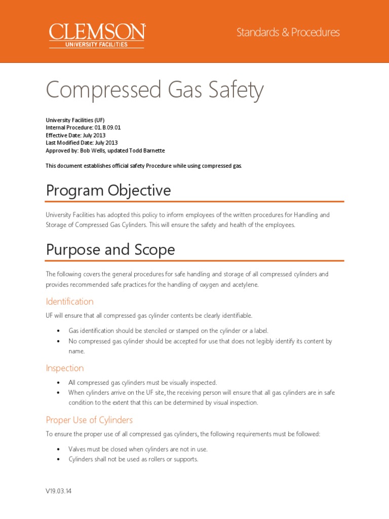 Compressed Gas Safety Program Objective Purpose and Scope PDF Valve Oxygen
