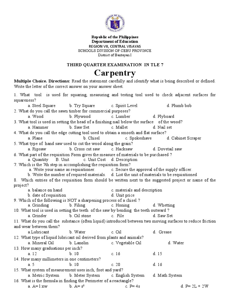 Third Quarter Examination in TLE 7 Carpentry Multiple Choice Questions
