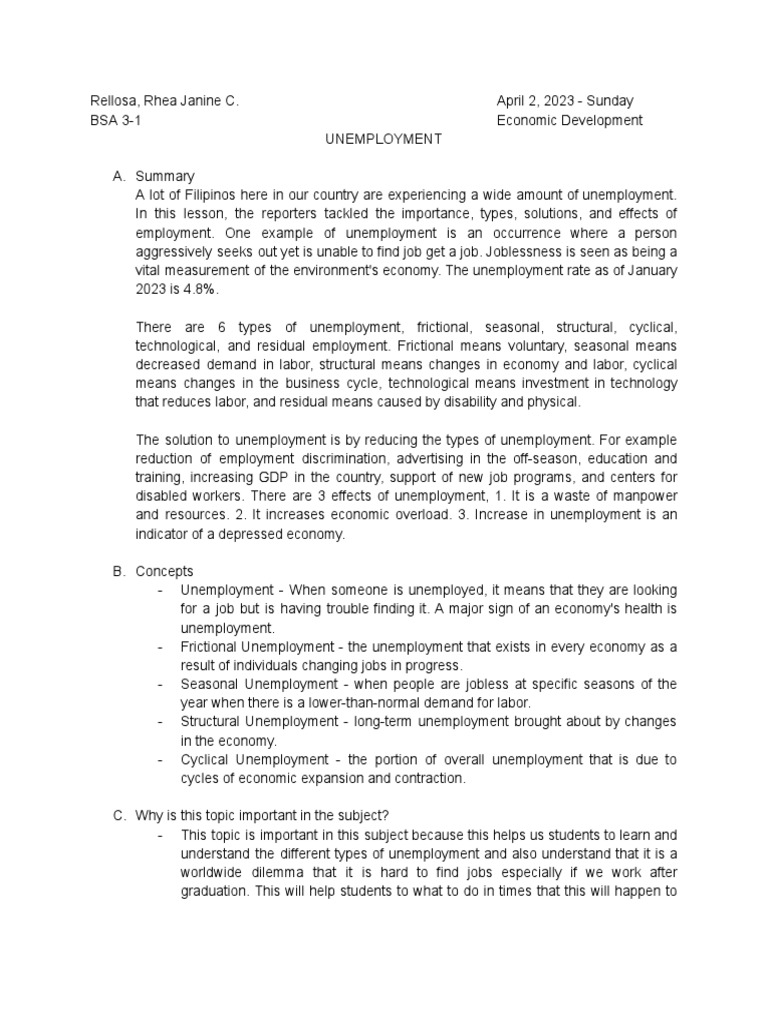 DISCUSSION ACTIVITY 3 UNEMPLOYMENT PDF Unemployment Labour Economics