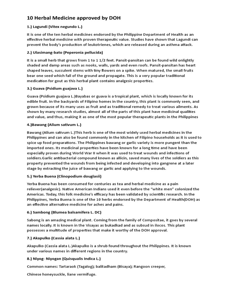 The 10 Herbal Medicines Approved by the Philippine Department of Health