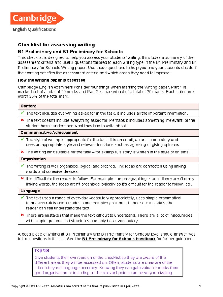 B2 - Writing Checklist For Teachers | PDF | Word | Grammar