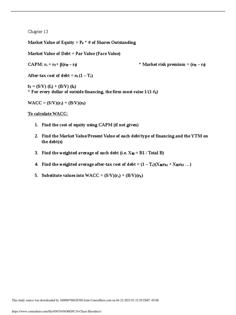 Mgfc10 Cheat Sheet Pdf Net Present Value Cost Of Capital