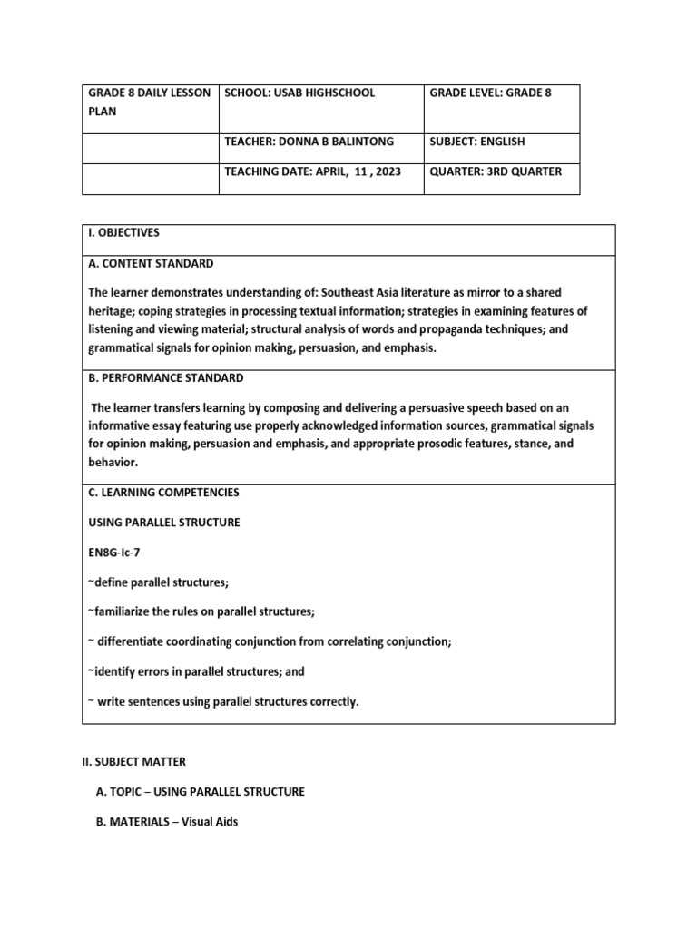 Grade 8 English Lesson: Parallel Structure | PDF | Teachers | Phrase