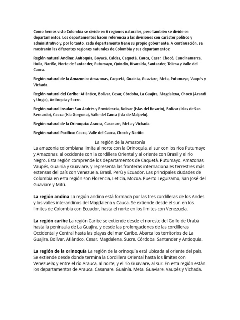 Regiones Naturales de Colombia y Departamentos | PDF | Andes | Colombia