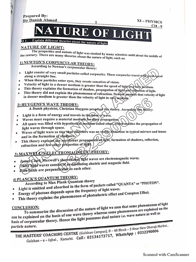 XI Chapter 9 Nature of Light PDF