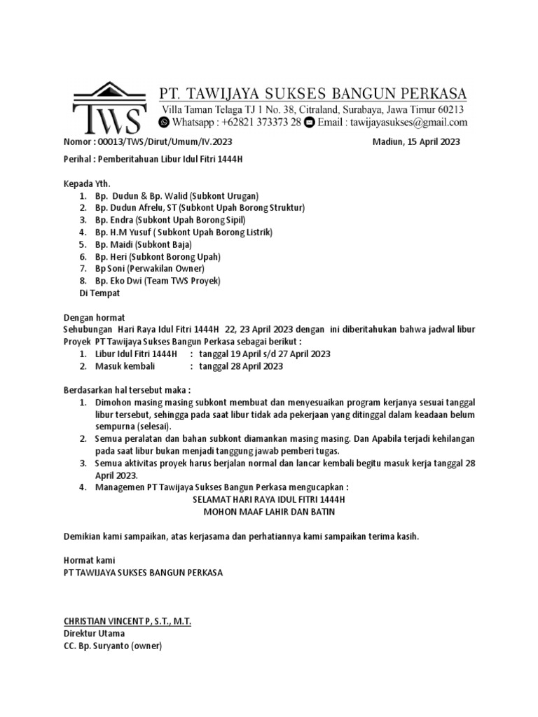 Contoh Surat Pemberitahuan Libur Lebaran Perusahaan: Panduan Lengkap & Anti Ribet!