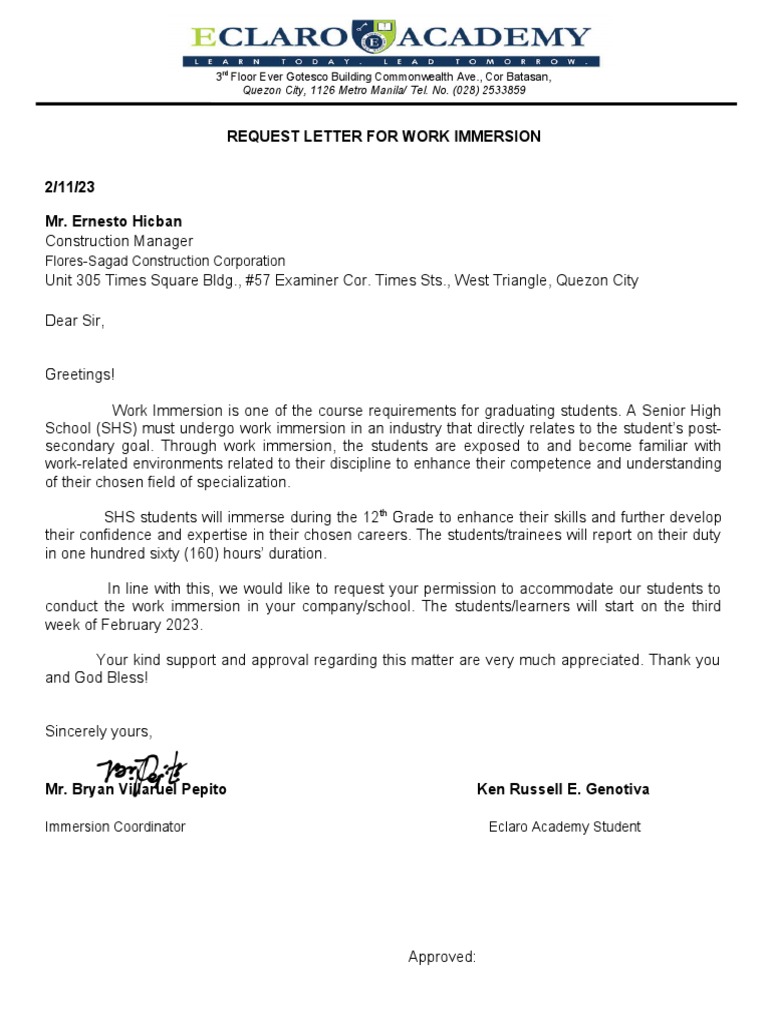 Request Letter For Work Immersion 2/11/23 Mr. Ernesto Hicban PDF