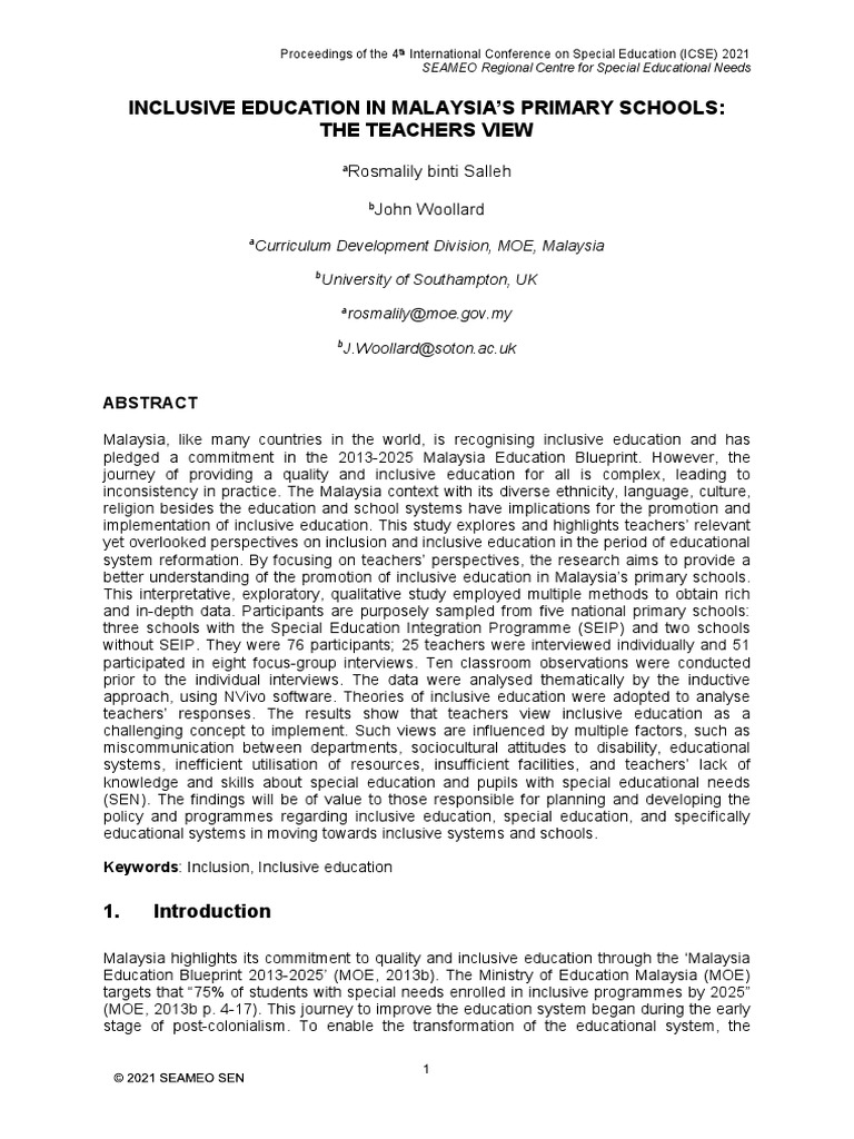 Inclusive Education In Malaysia S Primary Schools Pdf Inclusion