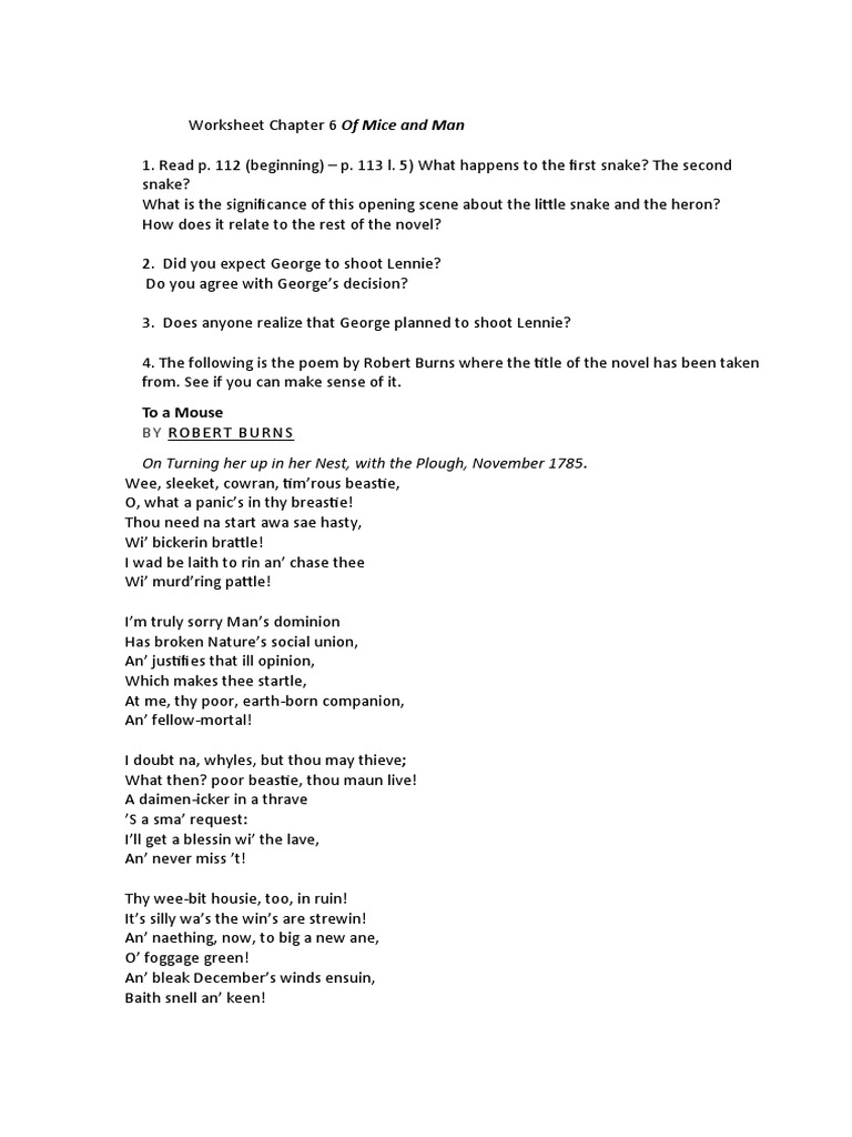 Of Mice and Men Chapter 6 Worksheet | PDF