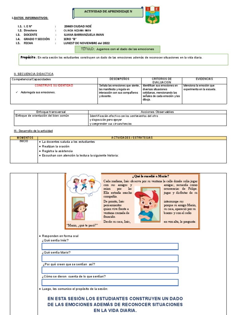 Dado de Emociones para Primer Grado | PDF | Las emociones | Evaluación