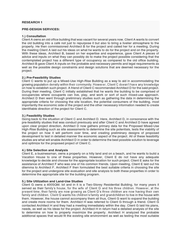 An overview of pre design services provided by architects for various