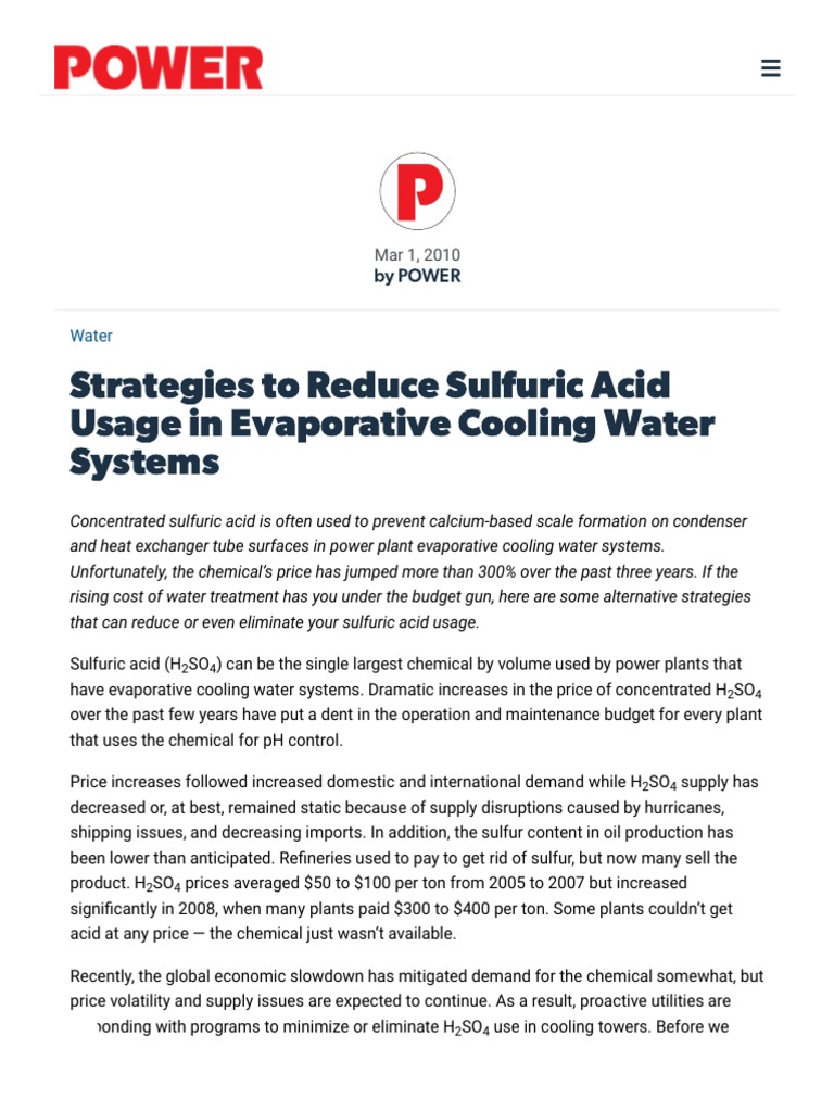 Strategies To Reduce Sulfuric Acid Usage in Evaporative Cooling Water Systems PDF Alkalinity
