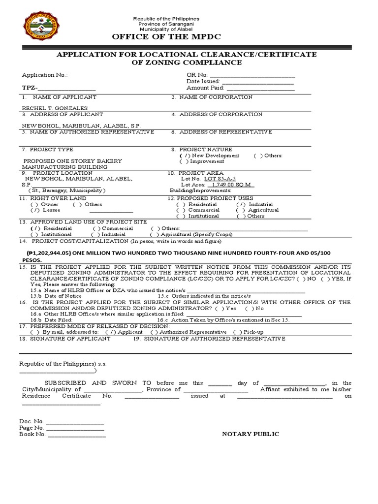 Office of The MPDC Application For Locational Clearance/Certificate of