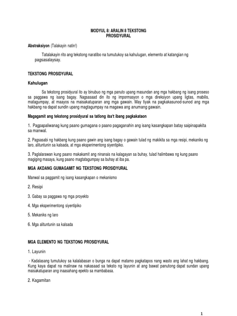 Modyul 8 Aralin 8 Tekstong Prosidyural | PDF