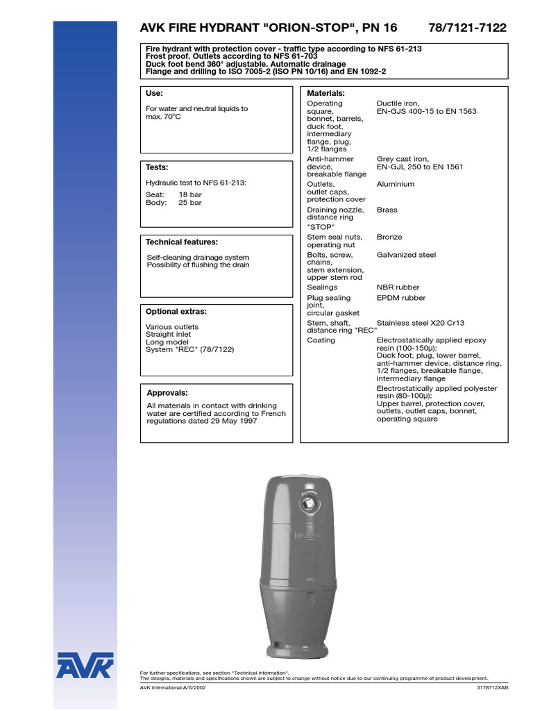 AVK Orion-Stop Fire Hydrant Specifications | PDF | Building Materials ...