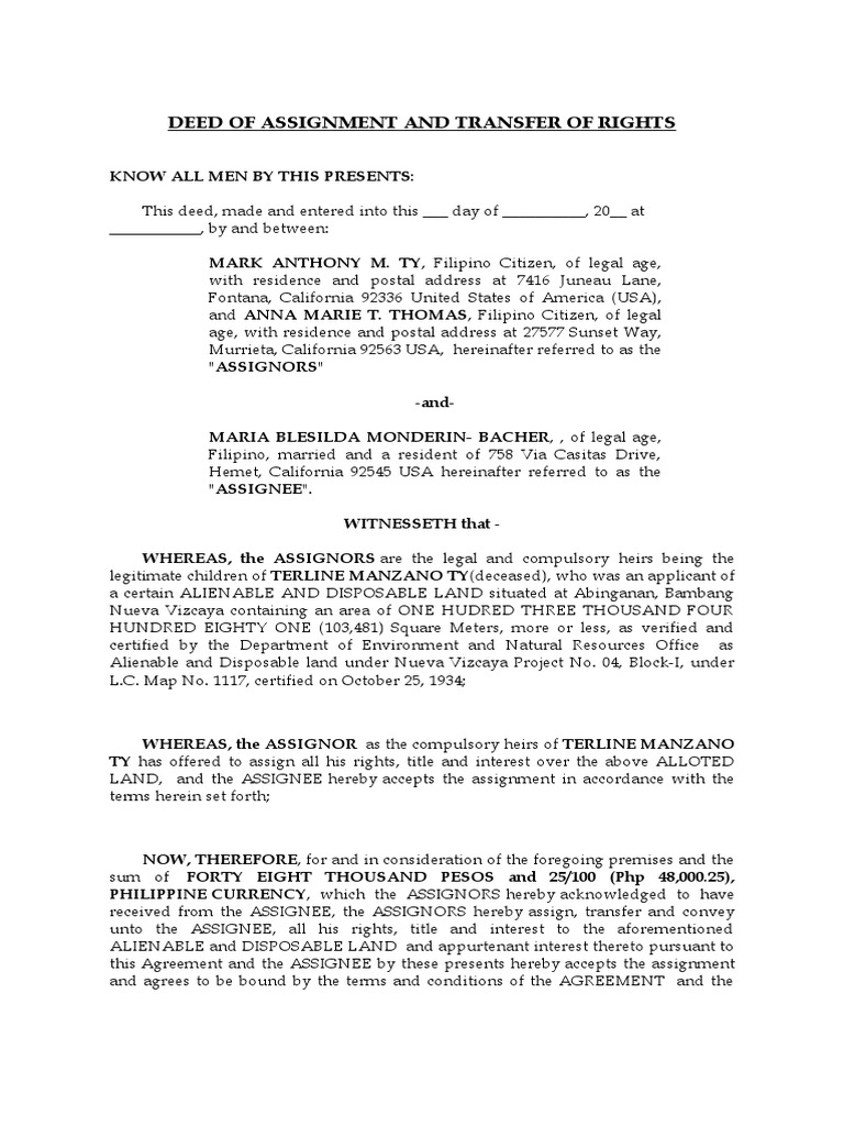 Deed of Assignment - A&d | PDF | Assignment (Law) | Consent