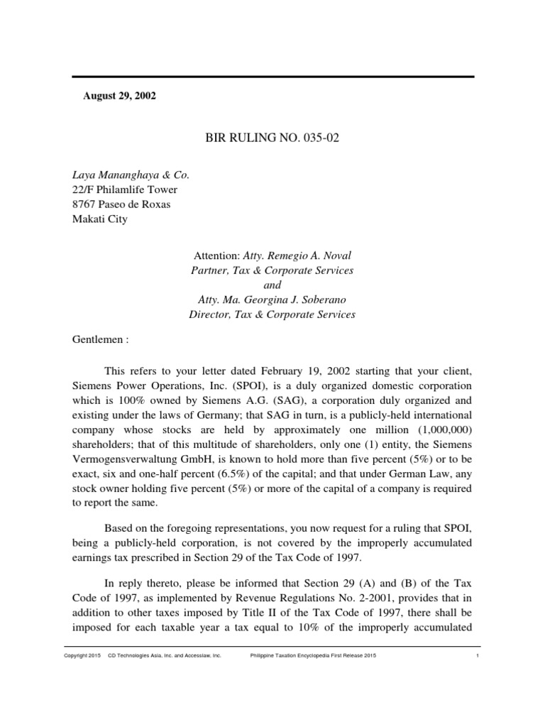 SPOI BIR Ruling No. 035-02 | PDF | Taxes | Corporations