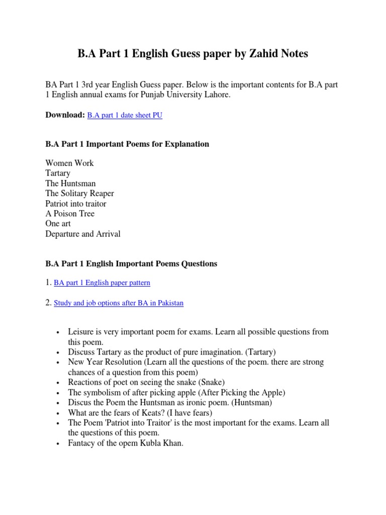 B.A Part 1 English Exam Guide 2024 | PDF