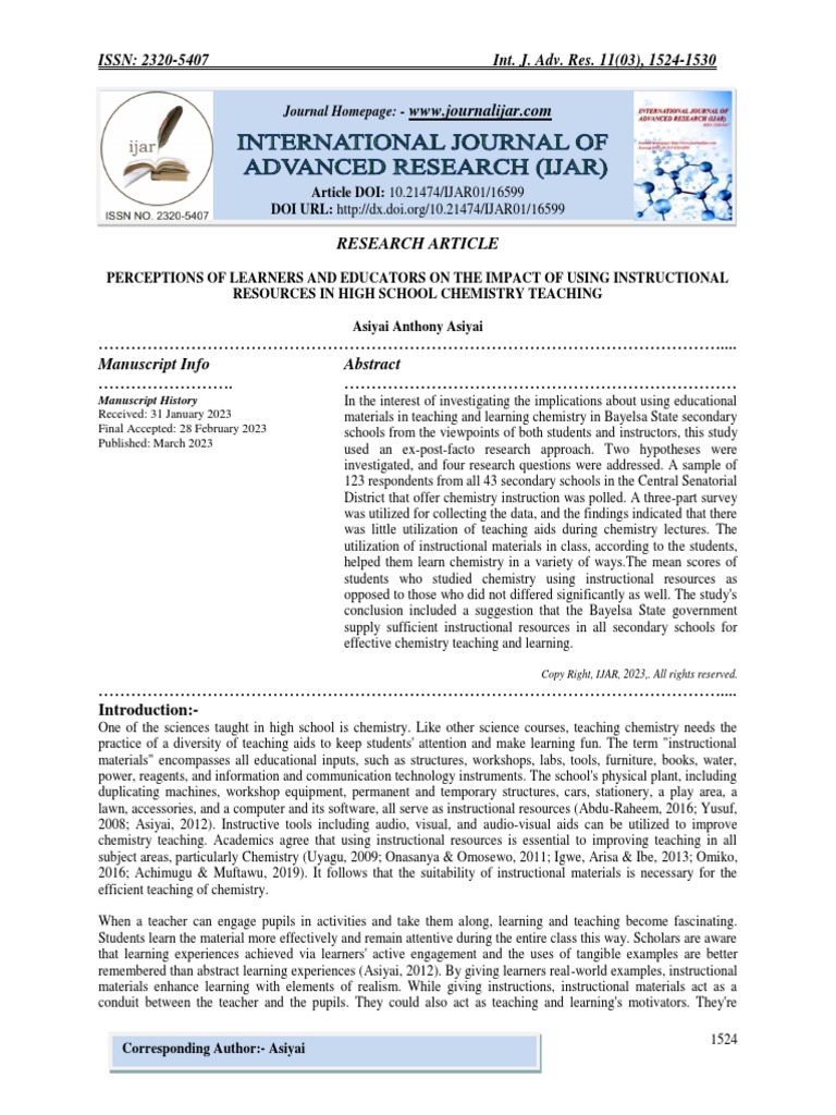 Impact of Instructional Resources in Chemistry | PDF | Teachers | Learning