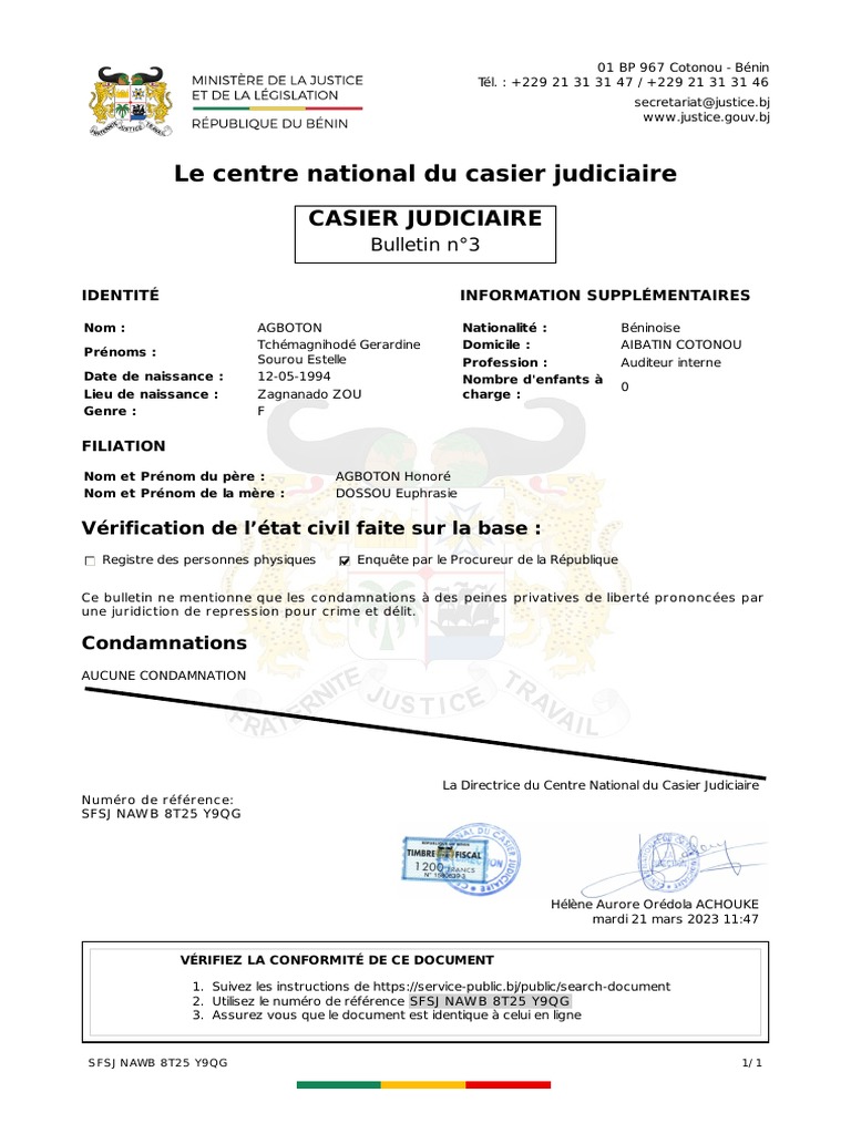 Extrait de casier judiciaire n°3 gratuit | PDF