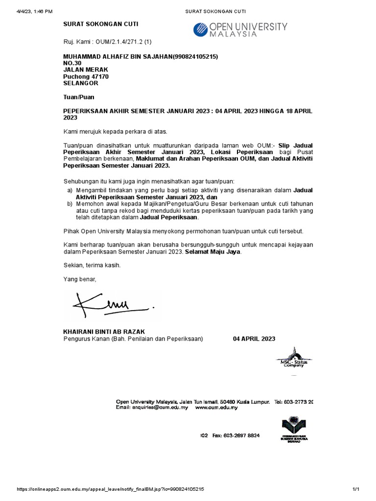 Contoh Surat Sokongan Cuti Pdf