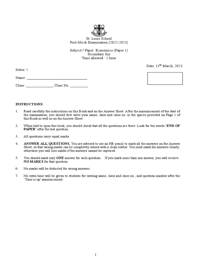 202223 S6 PostMock Exam Paper 1 (Student's Copy) PDF Renminbi