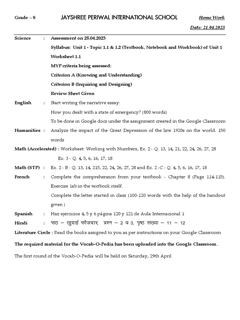 Grade 8 Homework Assignments Overview | PDF