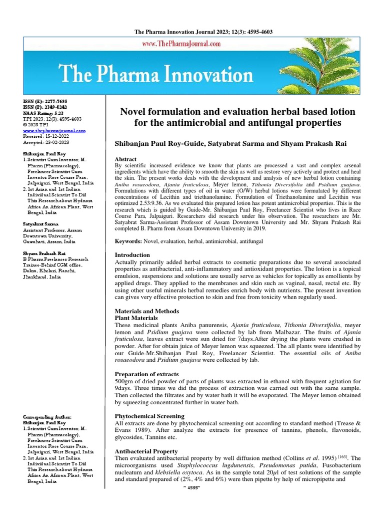 Novel Formulation and Evaluation Herbal Based Lotion For The