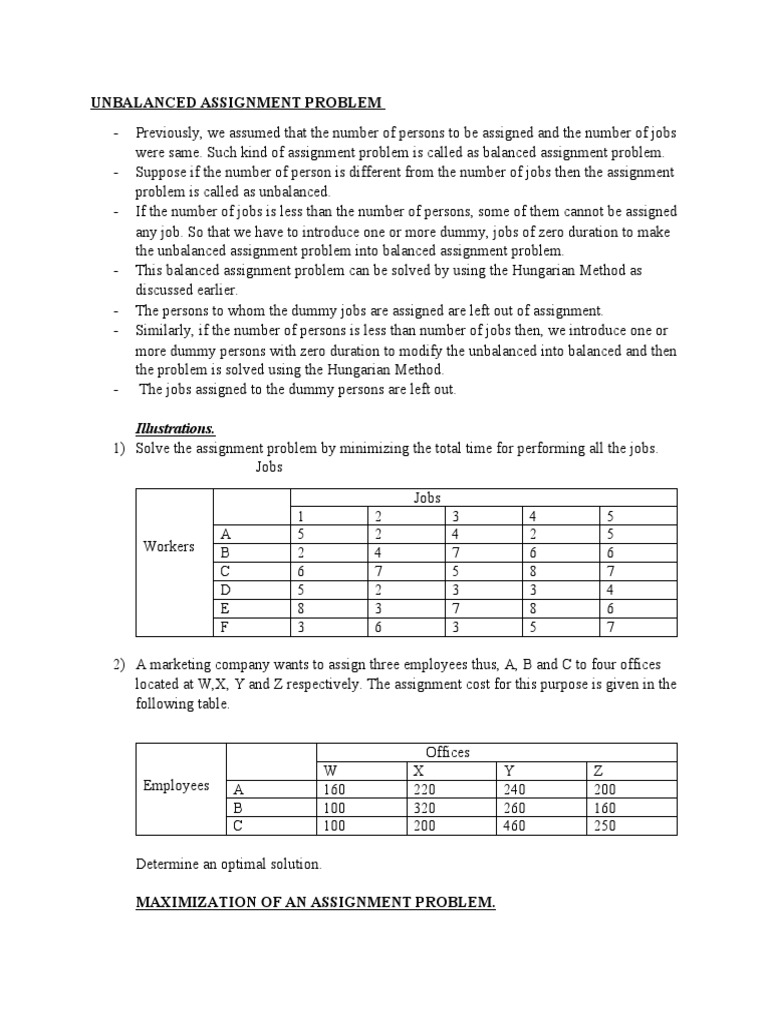 Unbalanced Assignment Problem: Illustrations | PDF | Mathematical ...