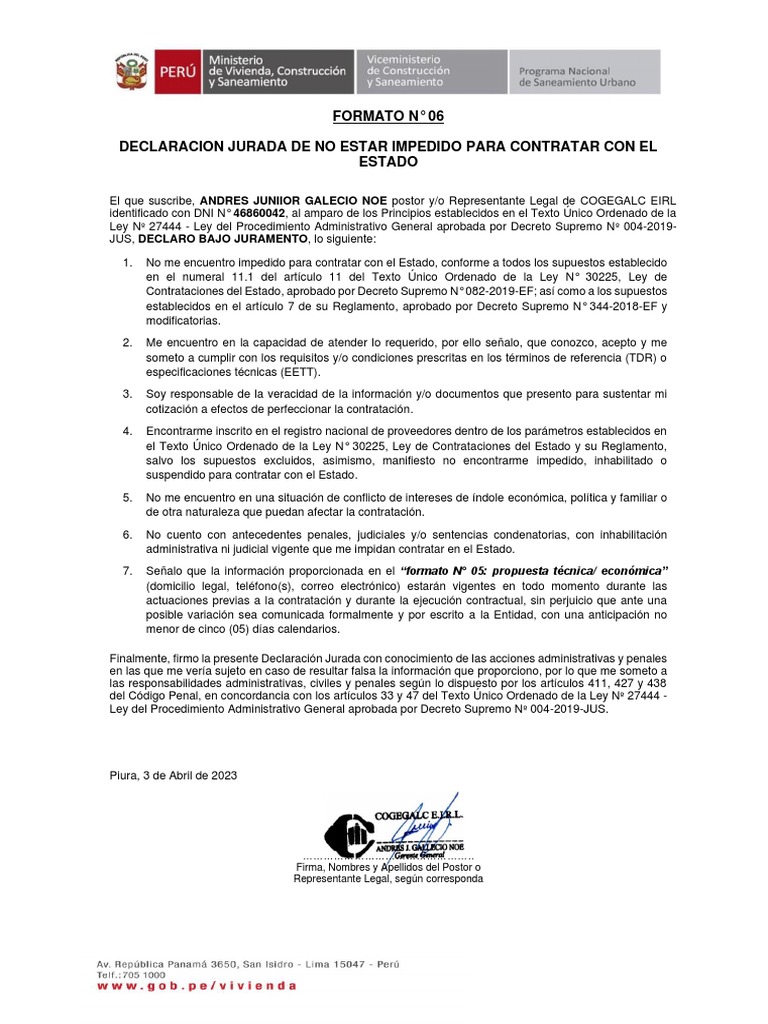 Formato #06 - Declaracion Jurada de No Estar Impedidos - Cogegalc | PDF ...