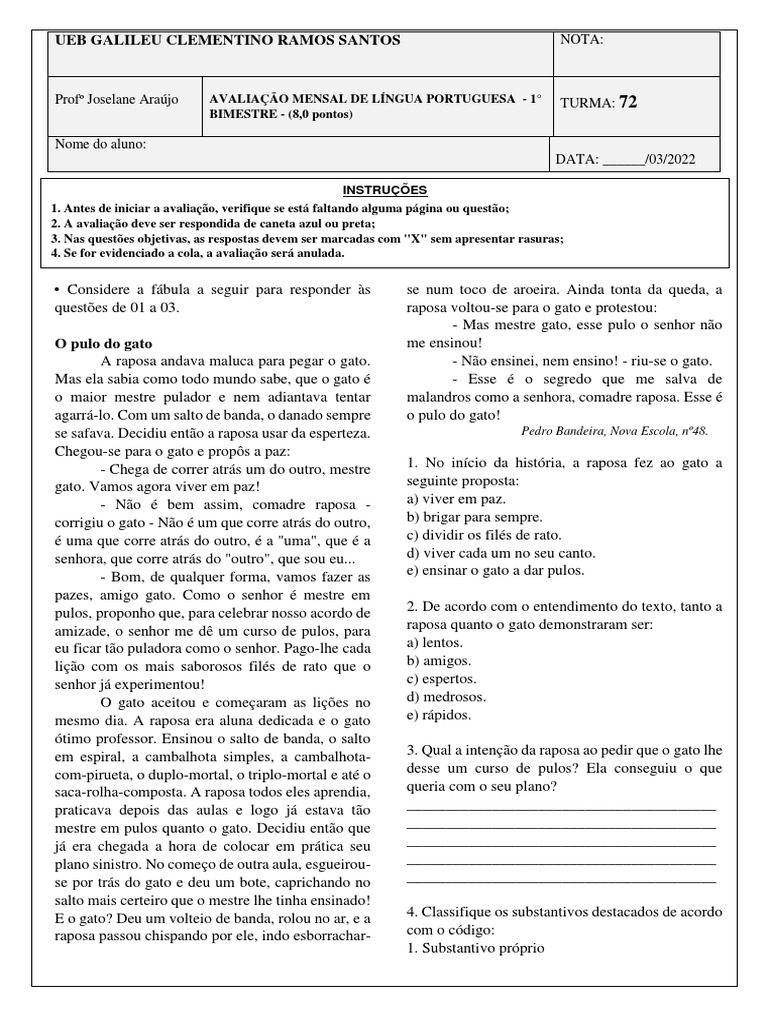 Avaliação Mensal Do 1º Bimestre de Língua Portuguesa | PDF | Gatos ...
