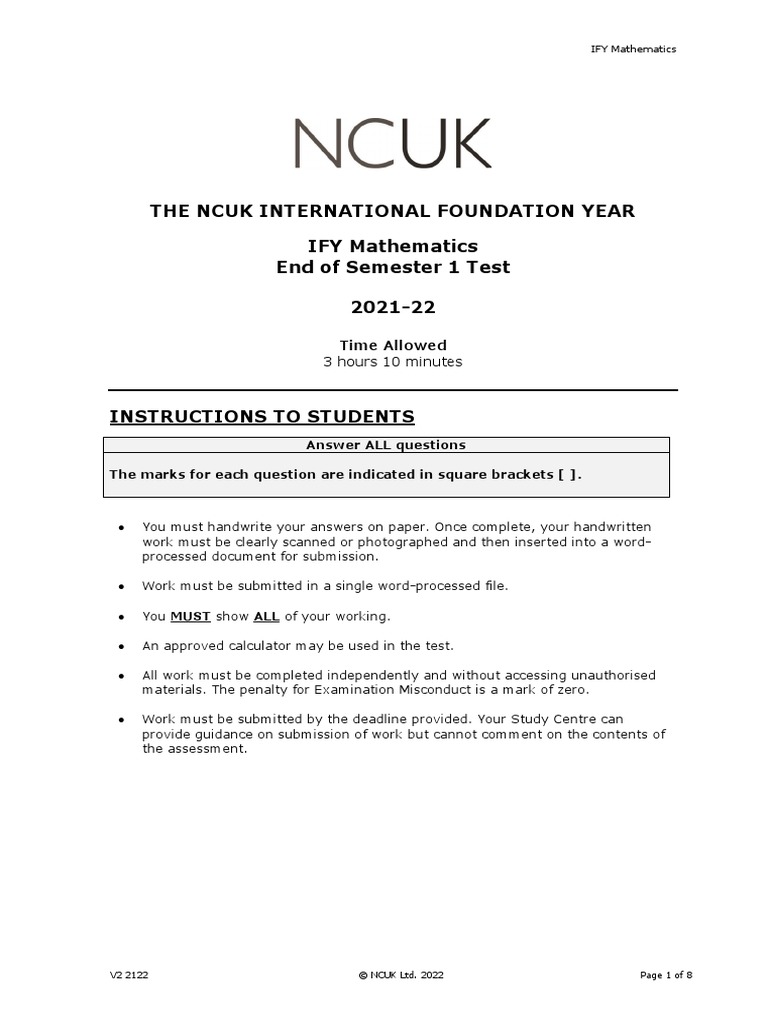 The ncuk international foundation year ify mathematics end of semester