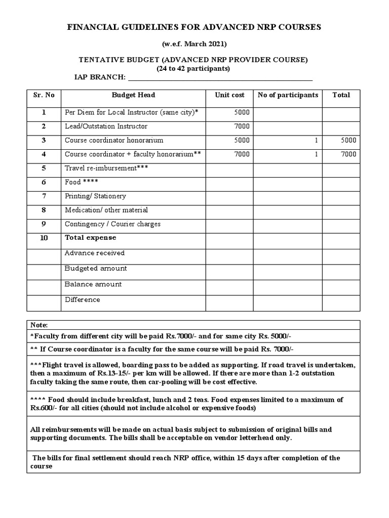 Advanced NRP Course Financial Guidelines | PDF | Service Industries