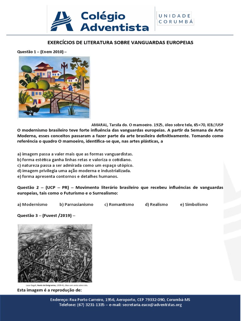 Atividade Sobre As Vanguardas Européias - 3 Ano Lit 1º Bim | PDF ...