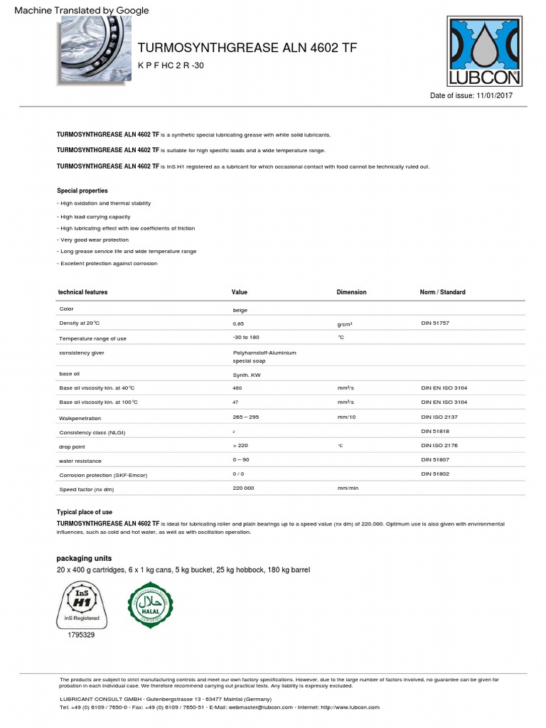 TURMOSYNTHGREASE ALN 4602 TF Overview | PDF | Lubricant | Materials Science