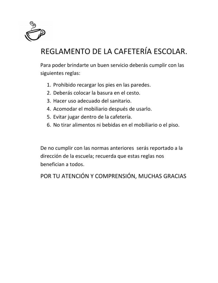 Reglamento de La Cafetería Escolar | PDF