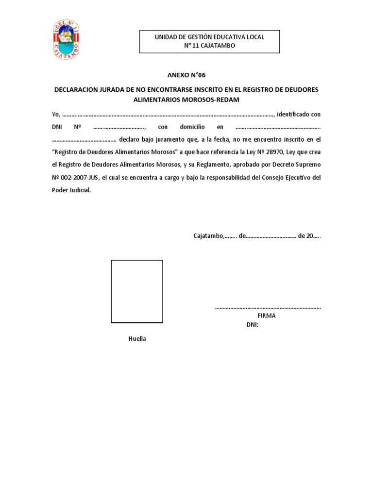 Declaracion Jurada de No Encontrarse Inscrito en El Registro de ...