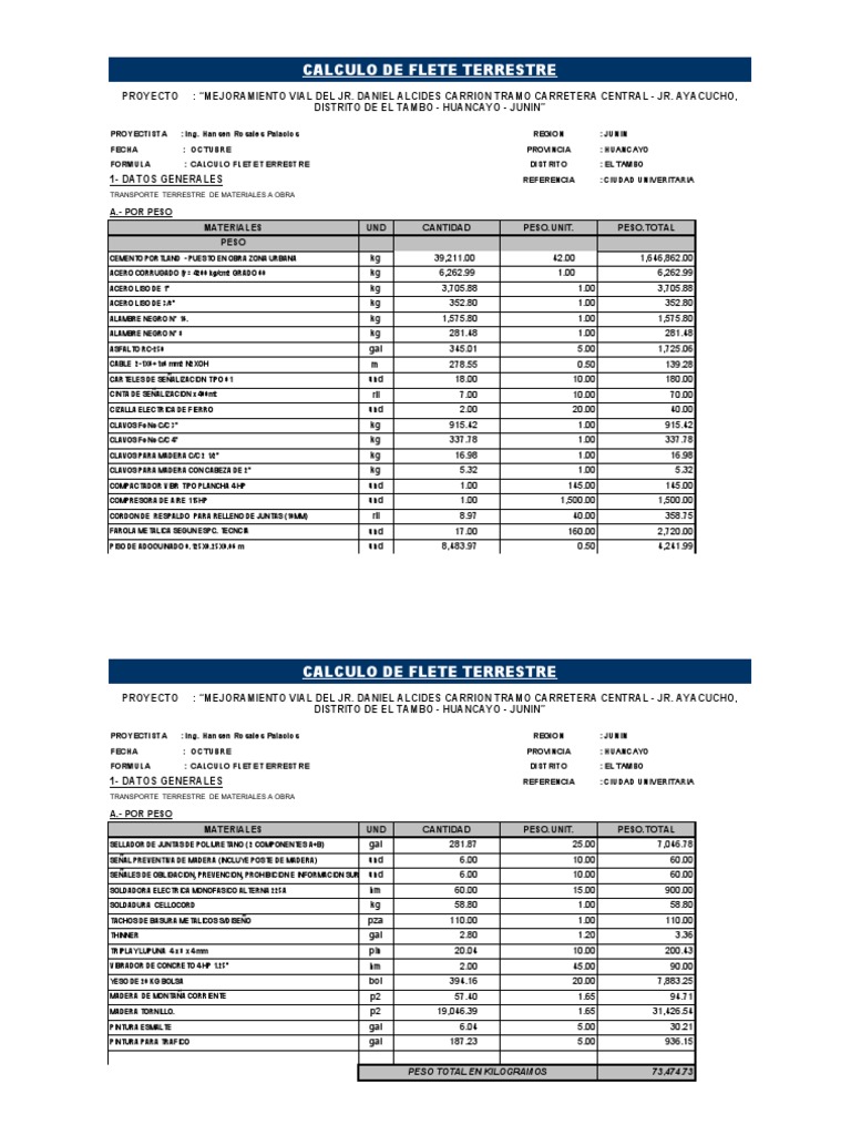 Calculo de Flete Terrestre | PDF | Materiales | Materiales de construcción