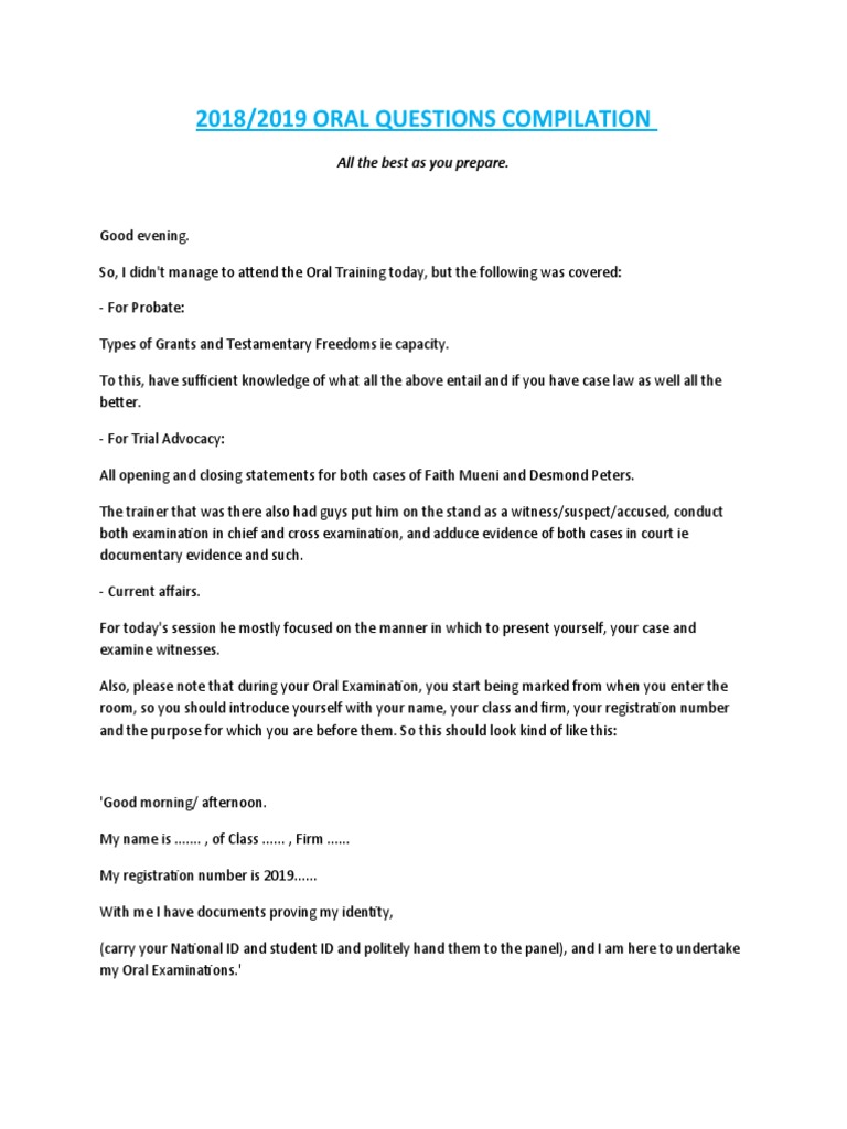 2018/2019 Oral Exam Questions Guide | PDF | Bail | Lawsuit