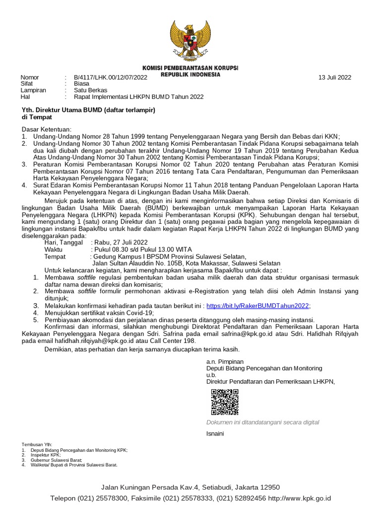 Surat Raker Bumd Sulbar - 27 Juli 2022 | PDF