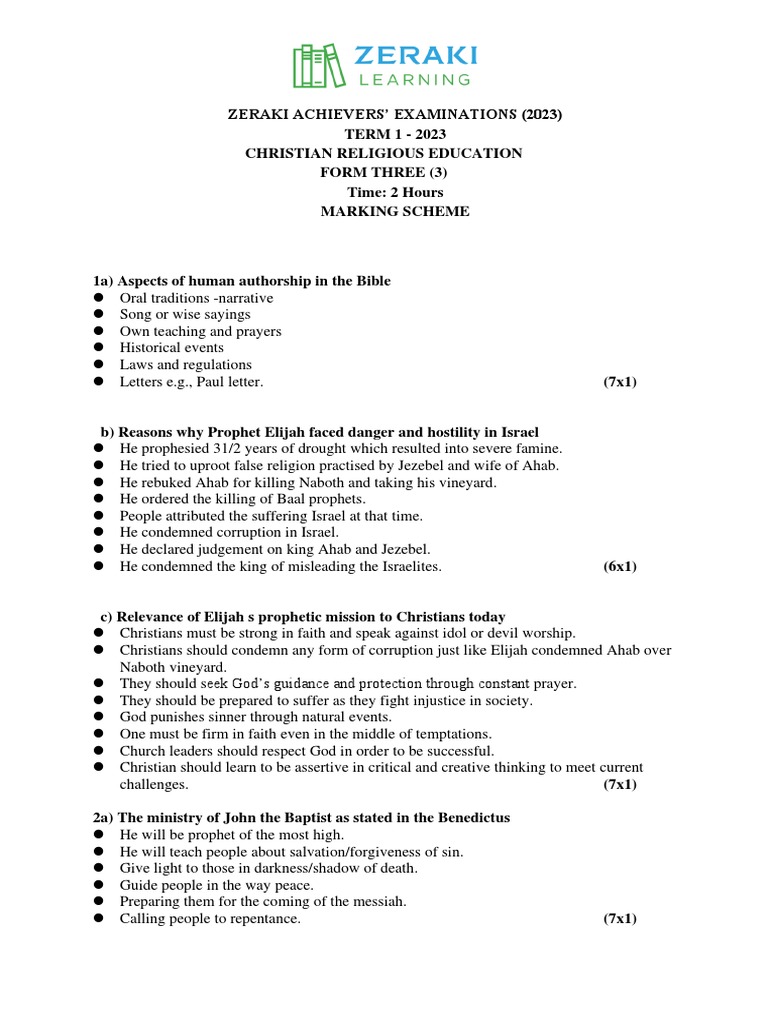 Form 3 CRE Exam Questions & Marking Scheme | PDF | Jesus | Elijah