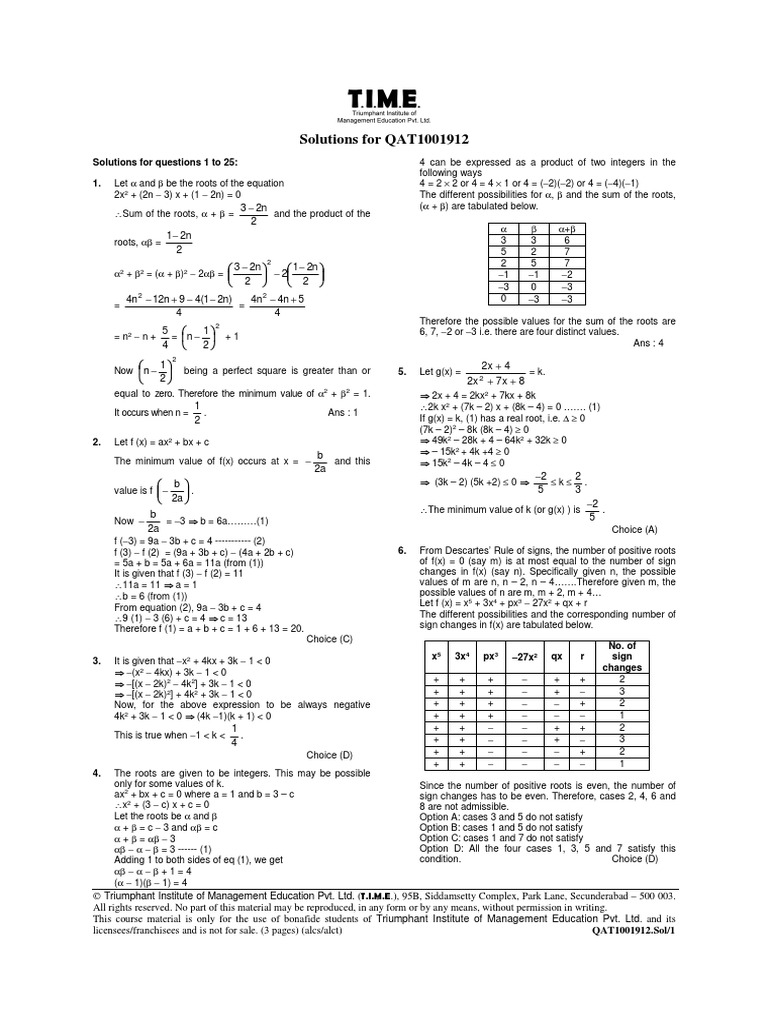 QAT1001912 Sol | PDF | Quadratic Equation | Arithmetic