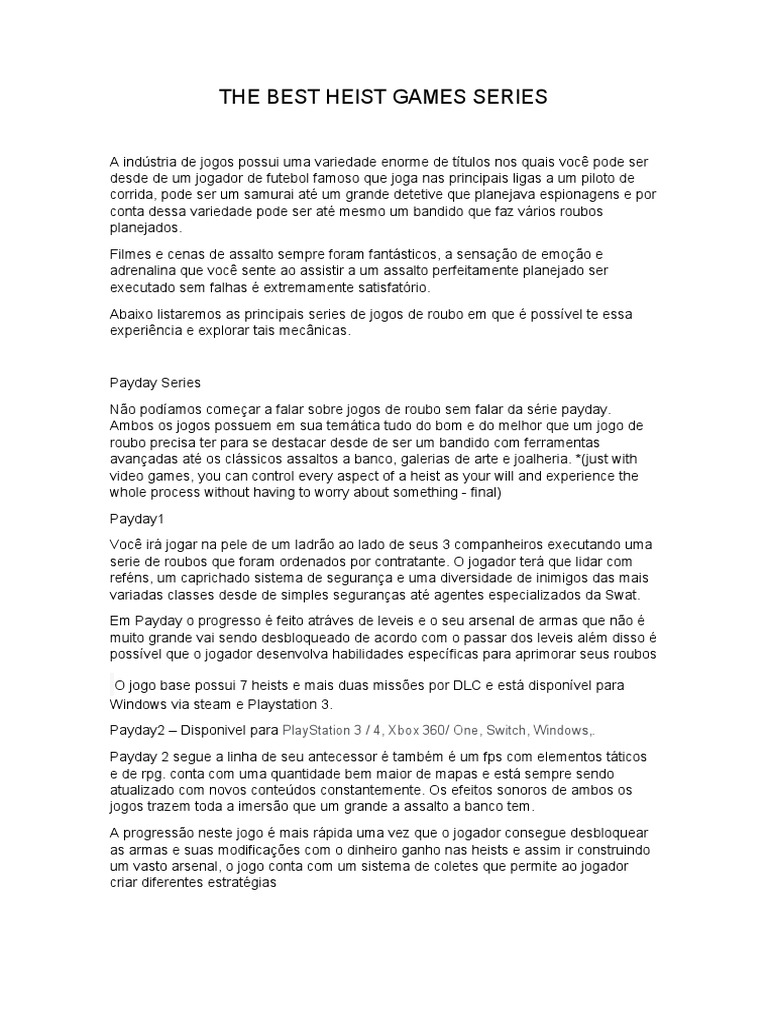 The Best Heist Games Series Playstation 3 / 4, Xbox 360/ One, Switch