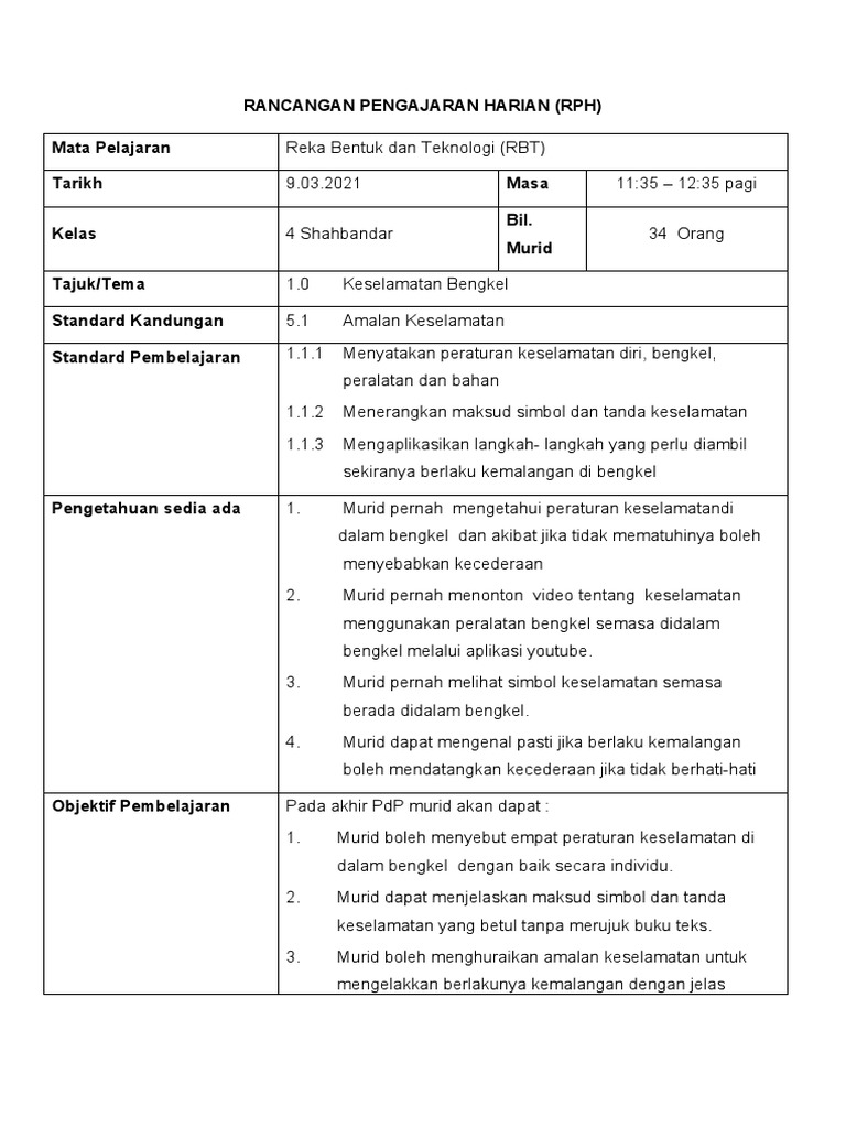Rancangan pengajaran harian rph mata pelajaran tarikh masa kelas bil