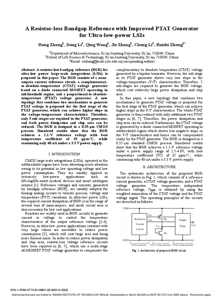 A resistor less bandgap reference with improved ptat generator for