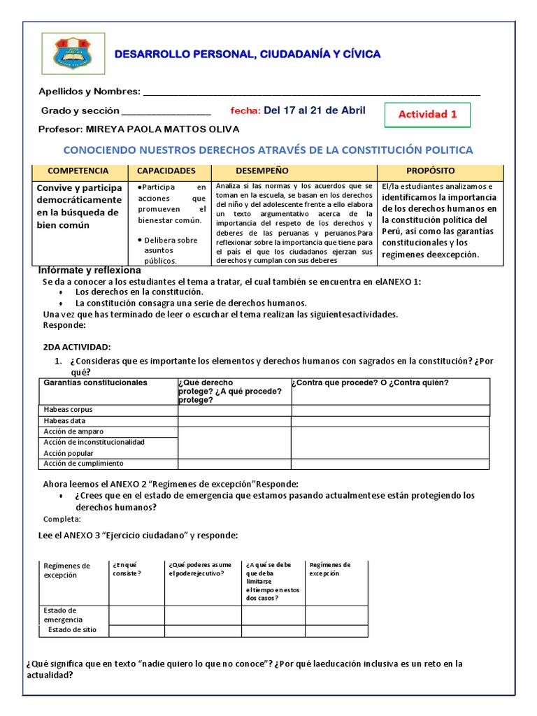 FICHA DE DPCC 5 Excelente 1 Mio | PDF | Derechos humanos | Estado ...