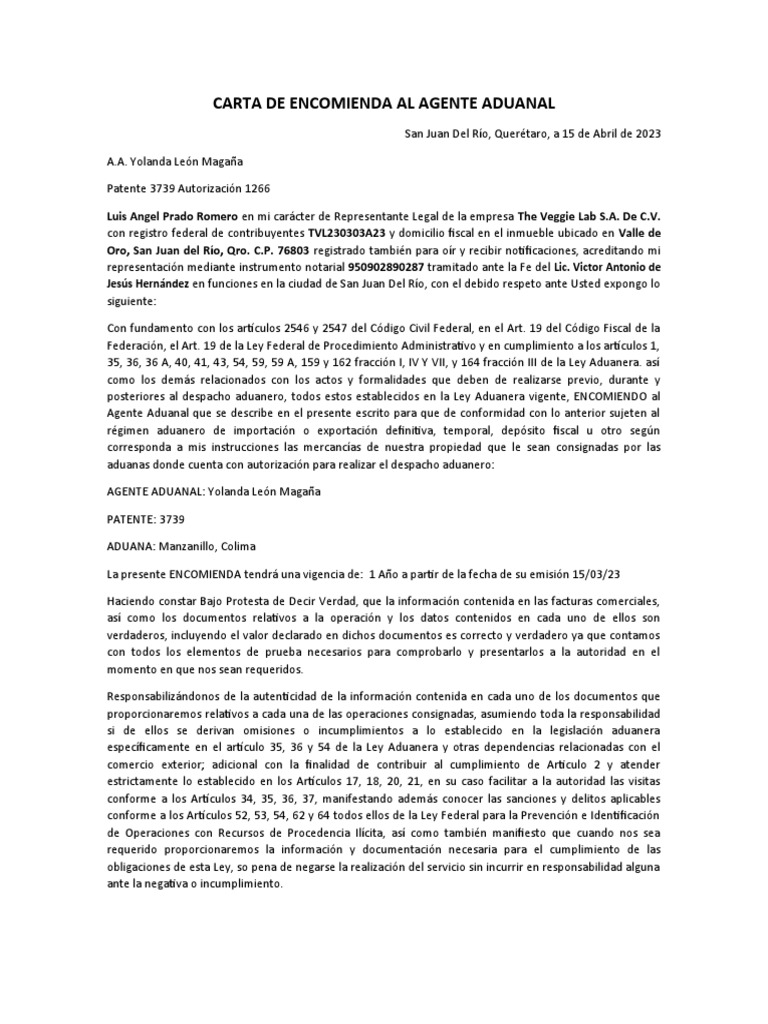 Carta De Encomienda Al Agente Aduanal Descargar Gratis Pdf Aduana